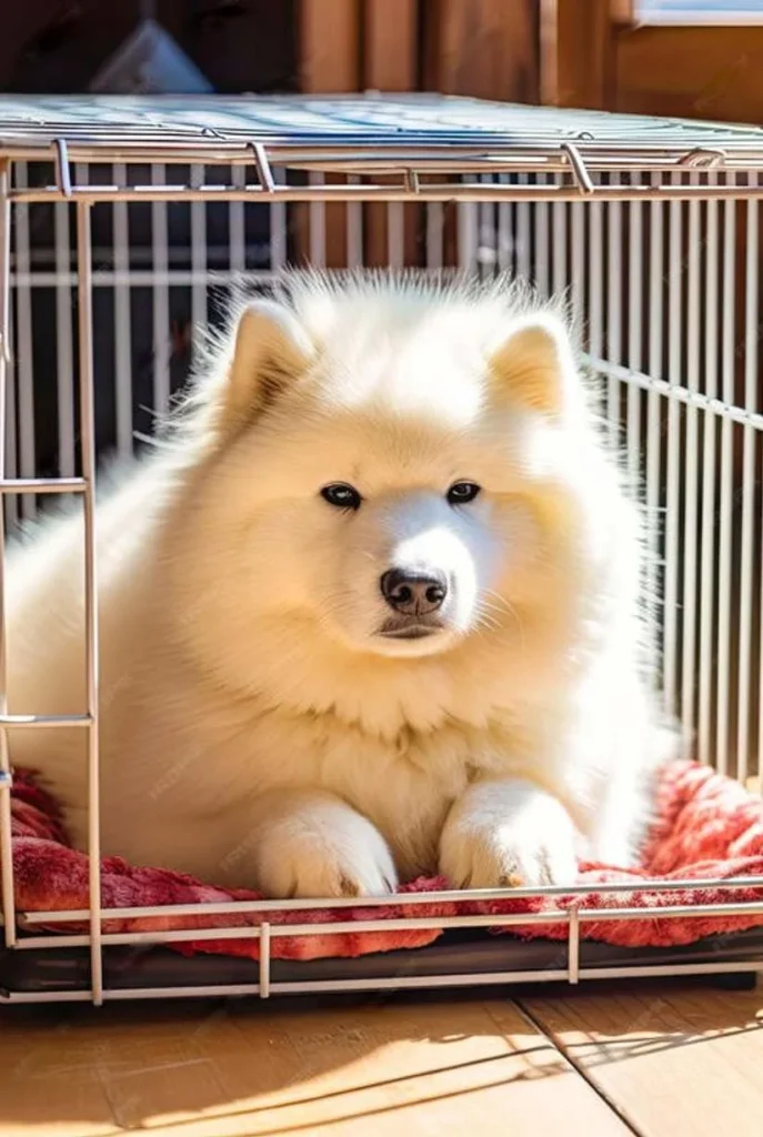 White dog laying in a crate on a red carpet while doing crate training in Frisco TX.