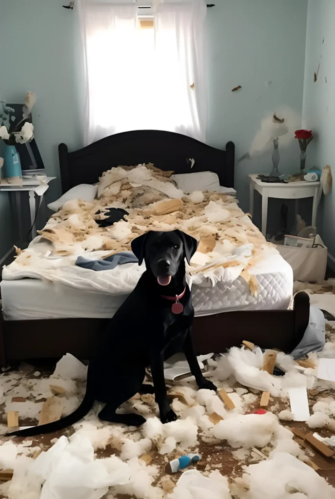 A black Labrador sitting in a mess after having destroyed a bed because of his separation anxiety. The Labrador is currently undergoing the best dog separation anxiety training Frisco TX has to offer.