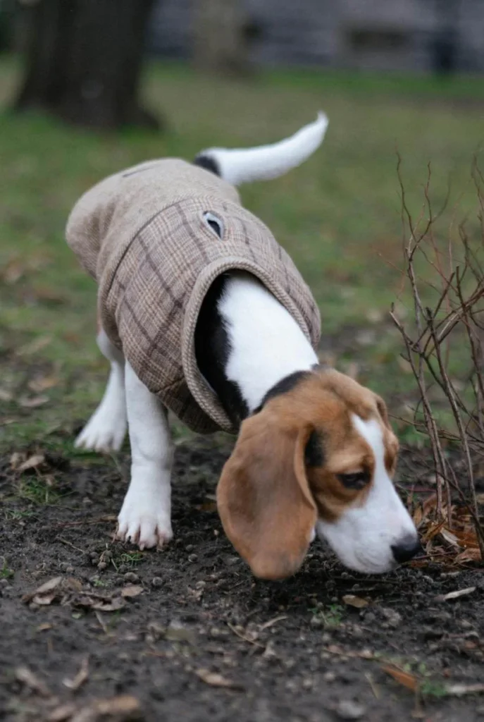 Dog sniffing the grass at a park on a rainy day while doing dog scent training with the good dog lady