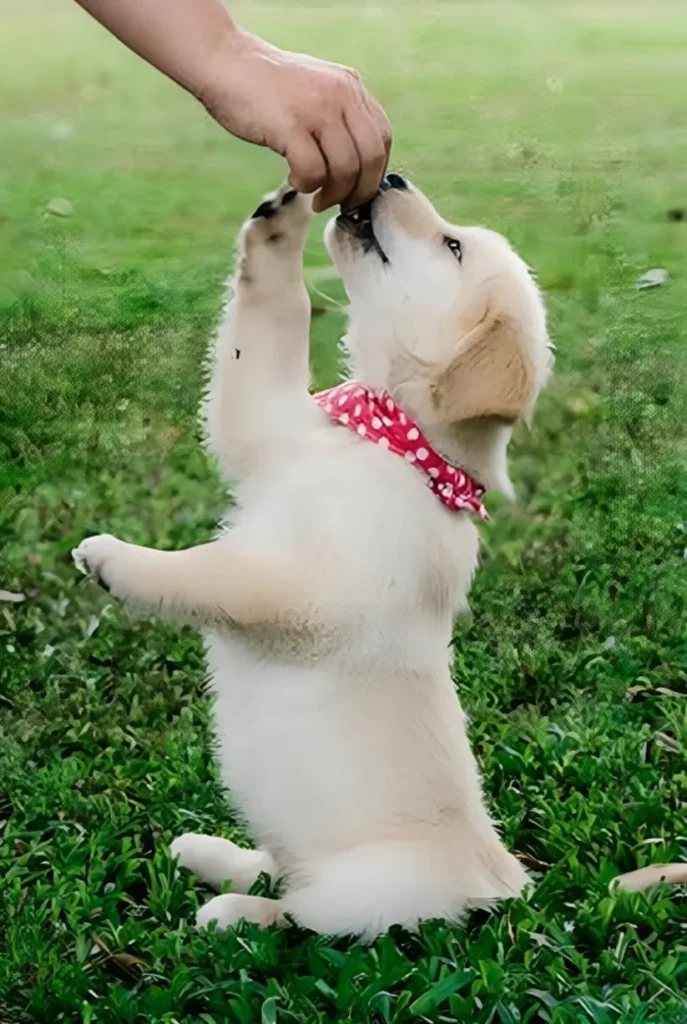 Puppy sitting in the grass and getting a treat while doing the best puppy training Frisco TX has to offer