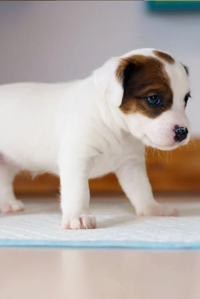 Puppy peeing on a pee pad while doing potty training in Frisco TX