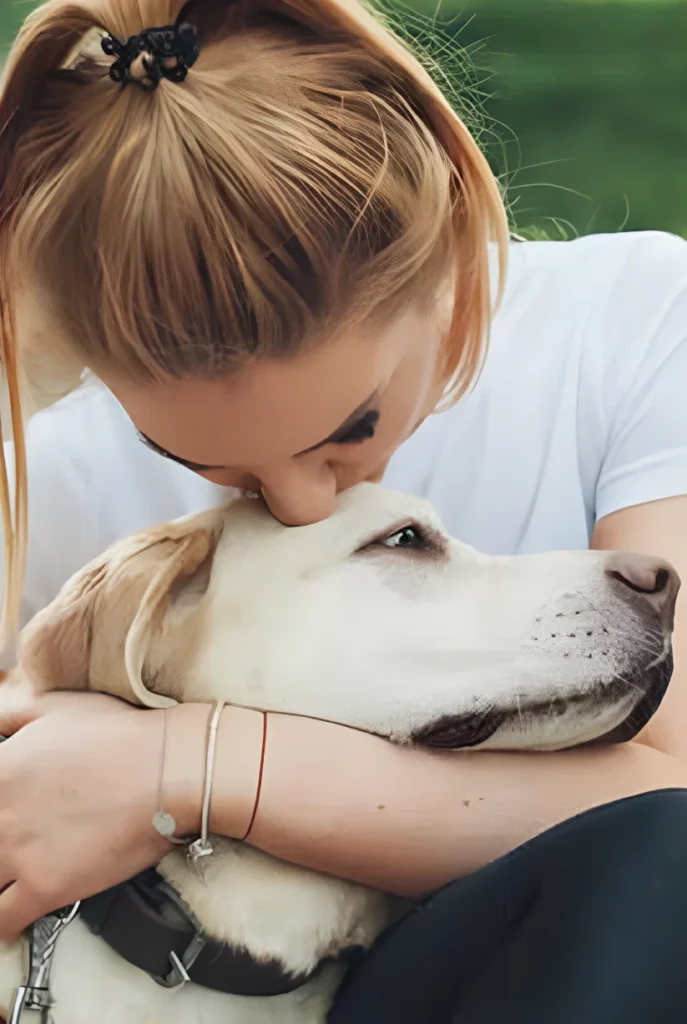 A dog owner hugging her dog while doing therapy dog training in Frisco TX