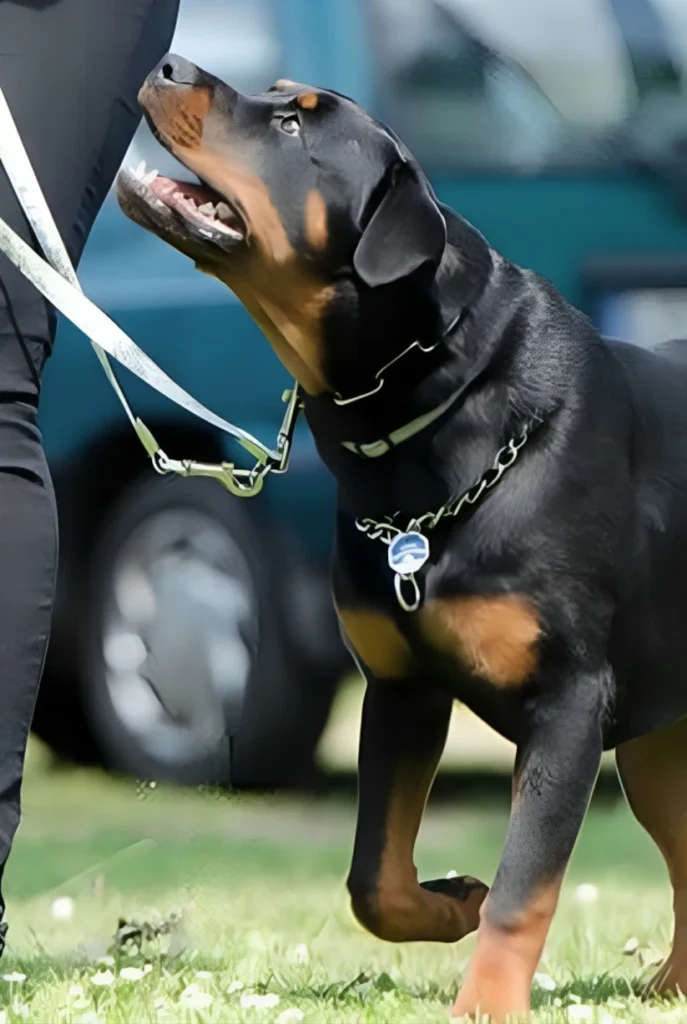 Rottweiler doing leash training while undergoing private dog training in Frisco TX